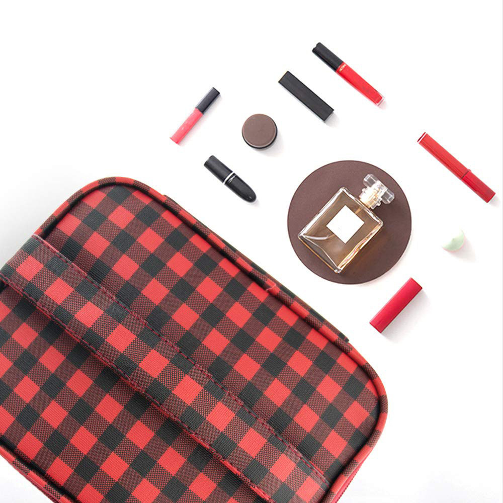 3pcs Red Black Plaid Polyester Cosmetic Bag For Travel