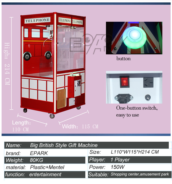 Big Size British Style Doll Prize Claw Crane Machine Reverse Vending