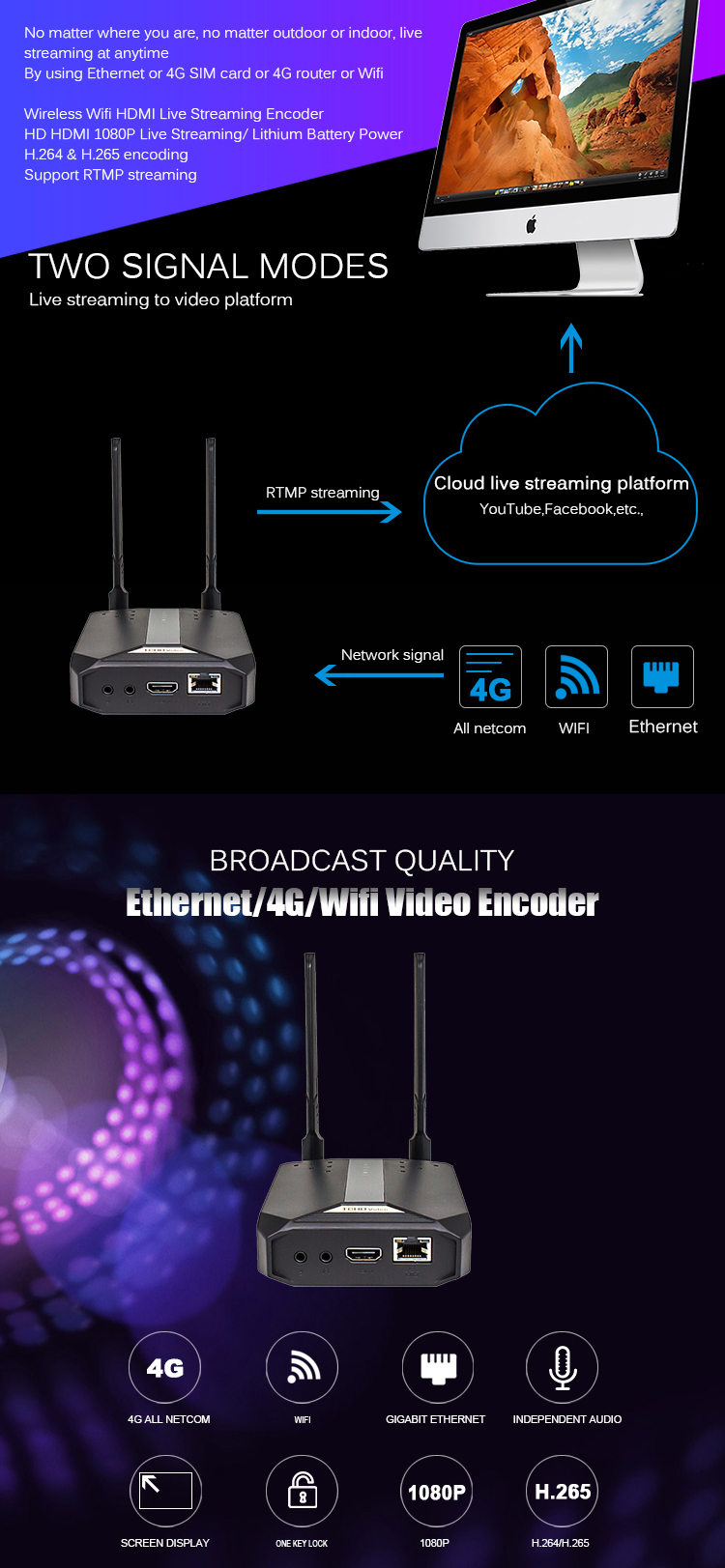 1080P IP streaming app control 1080P video encoder codec