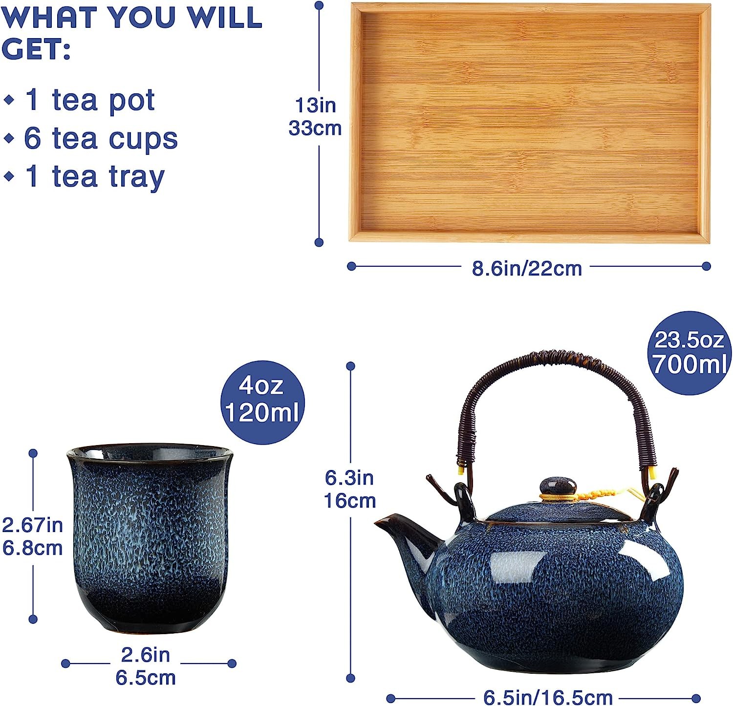 Kung Fu Tea Cup Set Porcelain Gongfu Tea Set 6.7oz With Bamboo Tray