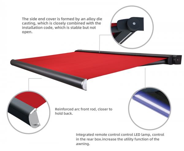 Retractable Full Cassette Electric Awning With Remote Control LED Light