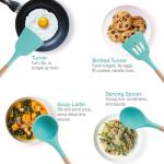 Green Silicone Kitchen Cooking Utensils Set With Wooden Bamboo Handles