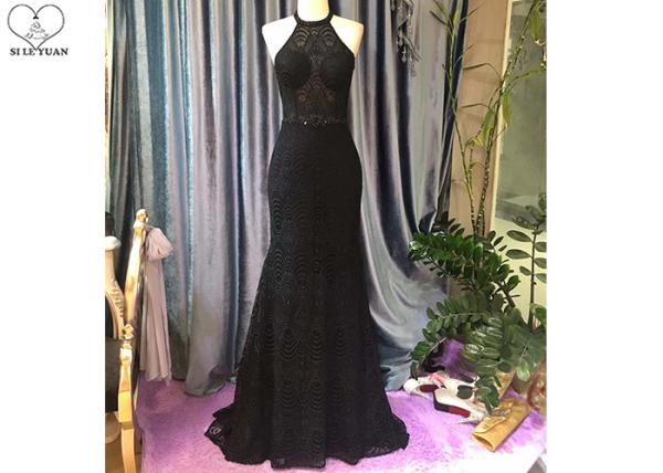Buy cheap Backless Black Lace Mermaid Prom Dress / Fishtail Waist Beaded Evening Gown from wholesalers