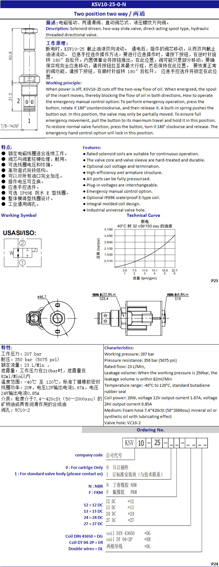 KSF12-22-0-N Thread Cartridge Solenoid Valve Hydraulic Two Way Two Position
