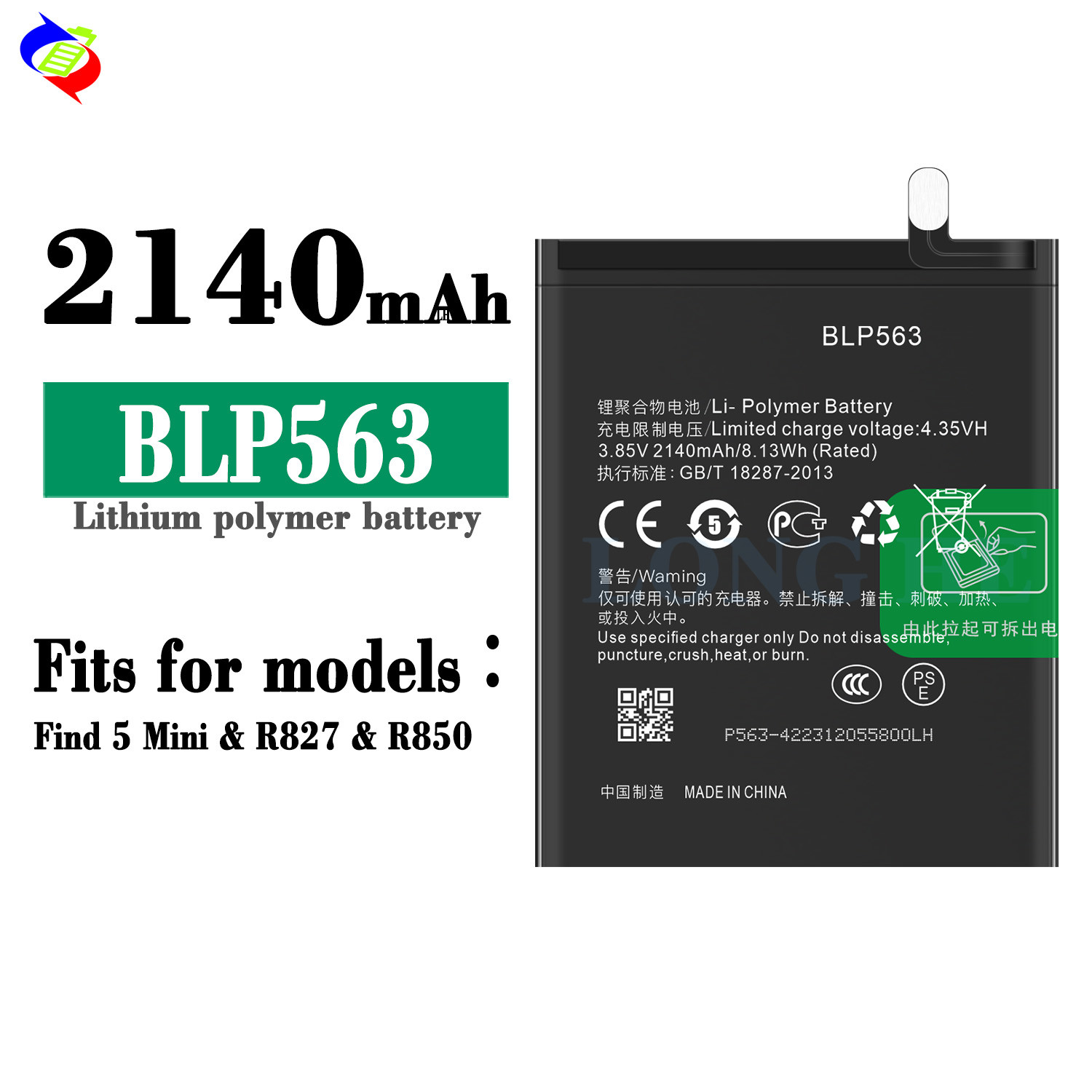 Lithium ion lithium polymer batteries BLP563 478mAh 3.85V For OPPO Find5 mini R827 R850 cell phone battery