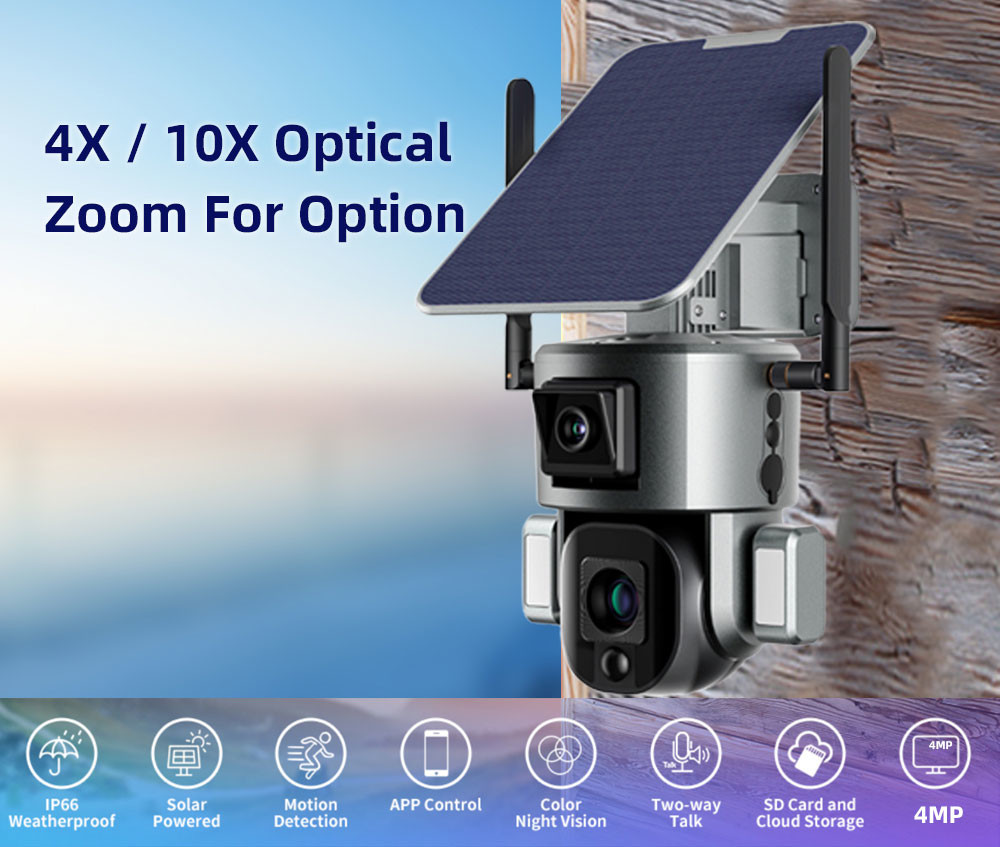 10X Optical Zoom Dual Lens Security Camera IP65 Outdoor Solar 4G CCTV Camera