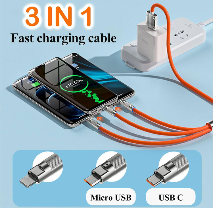 Super Fast Charging 120w 6A Liquid Silicone 3 in 1 Multi Connectors Micro Type C USB Data Charger Cable for Mobile Phone