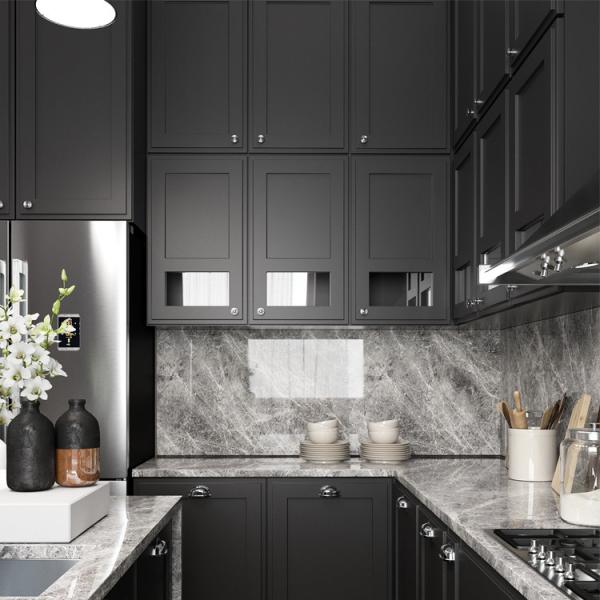 Buy cheap Black Free Standing Kitchen Cabinets Waterproof With Island PVC Kitchen Cabinets from wholesalers