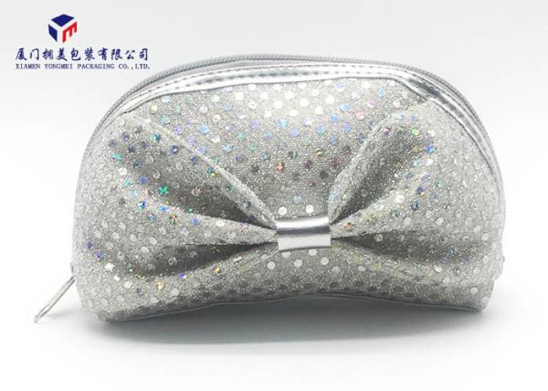 Silver Sequins On Bag Big Bowknot On Front Side Fabric Makeup Bag 20.5X7.5X17