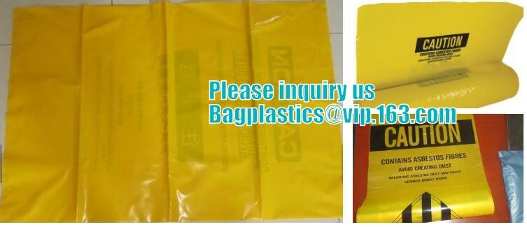 Asbestos Removal, disposable plastic yellow poly asbestos warning printed burial bags, Asbestos clear plastic packing ju