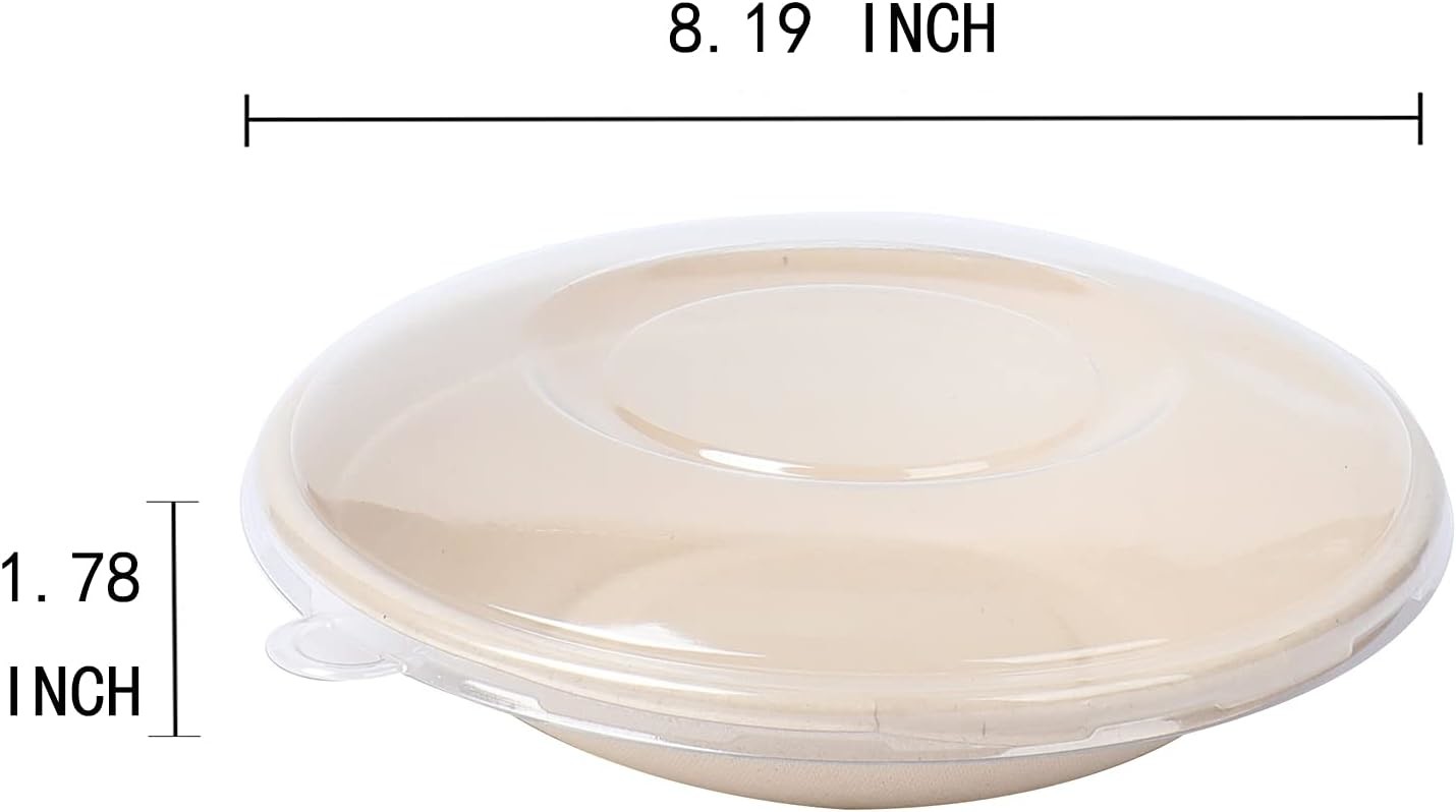 24OZ Round Disposable Bowls With PET Lids, Bamboo Fiber Paper Bowls Take Away Food Containers Eco-Friendly Plant
