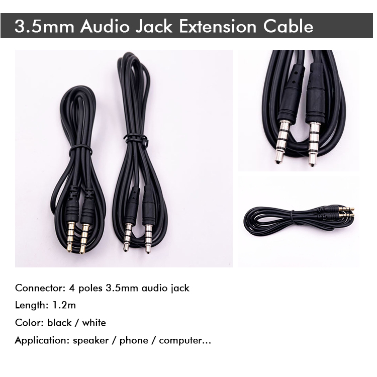 Stock Male to Male 3.5mm 4 Poles Stereo Jack Microphone Audio Extension Cable for Earphone Computer Speaker