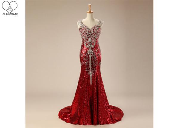 Buy cheap Ladies Long Tail Gown Sleeveless Shiny Sequin Fabric Lace Beaded Red Carpet Wear from wholesalers