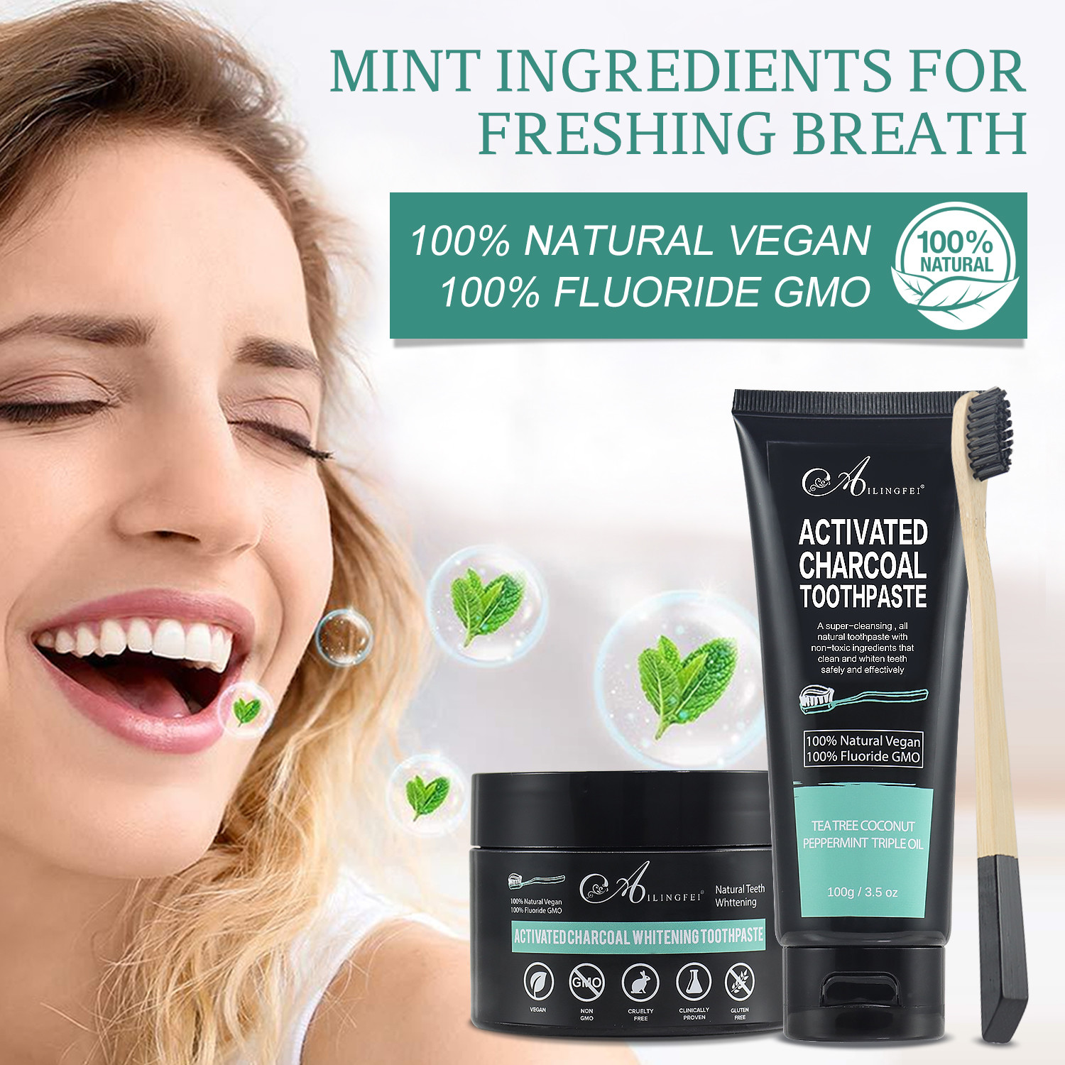 Activated Charcoal Teeth Whitening Bleaching Kit 100ml With Tooth Powder Toothpaste