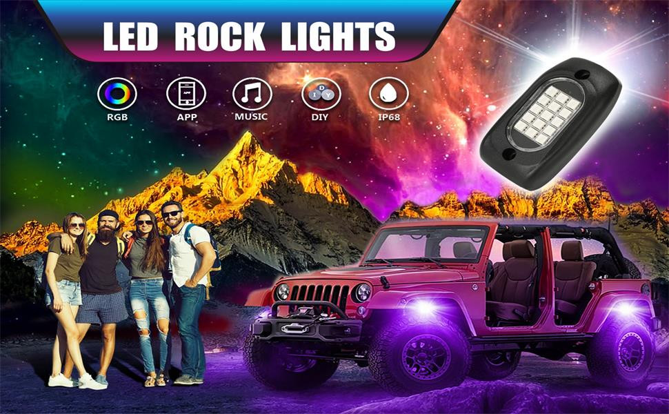 Motorcycle 4 Pod Rock Lights RGBW , Shockproof Color Changing Rock Lights Bluetooth