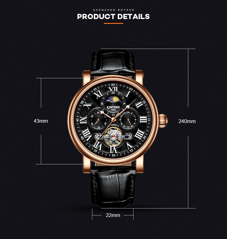 KINYUED wristwatches automatic men moon phase luminous tourbillon skeleton mechanical watch