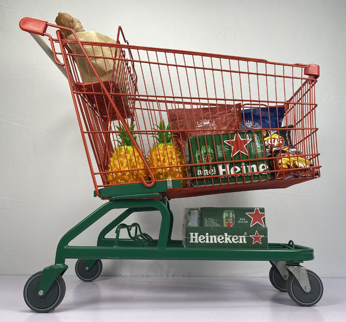 210L German Type Warehouse Shopping Trolley Cart Red And Green With 5 Inch PU Wheels