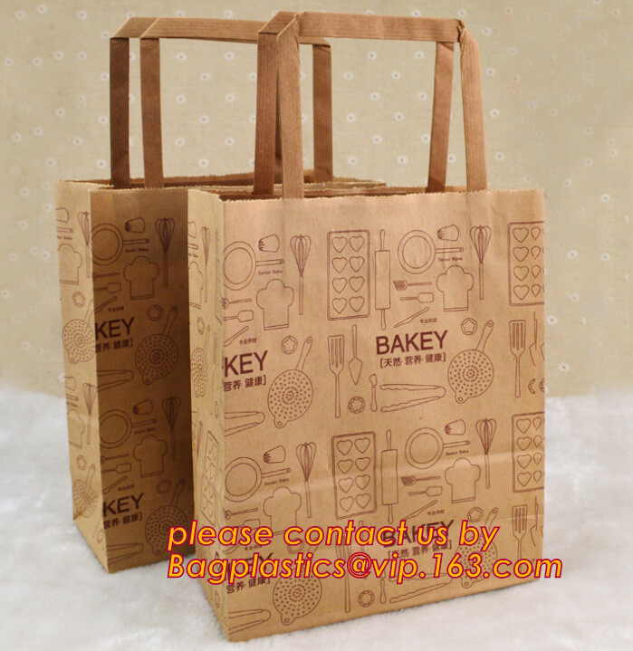 Print your own logo,fabric handles,side gusset,Custom size bottom brown grease proof burger bread paper bag, bagplastics