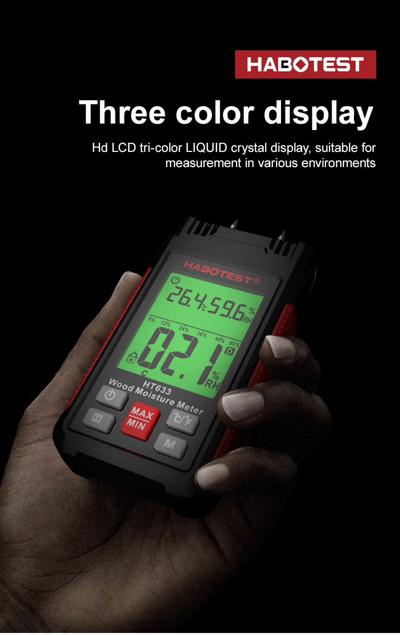 HT633 Wood Moisture Meter Pin Type Digital Moisture Detector Ambient Temperature Humidity with LCD Backlight Display