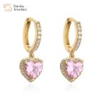 24k Gold Plated Diamond Brass Hoop Earrings , Zircon Crystal Heart Dangle Drop
