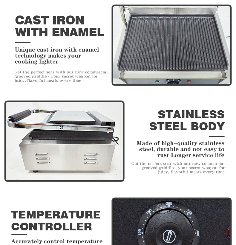 220V Commercial Electric Cast Iron Contact Sandwich Panini Press Maker Grill Griddle Machine