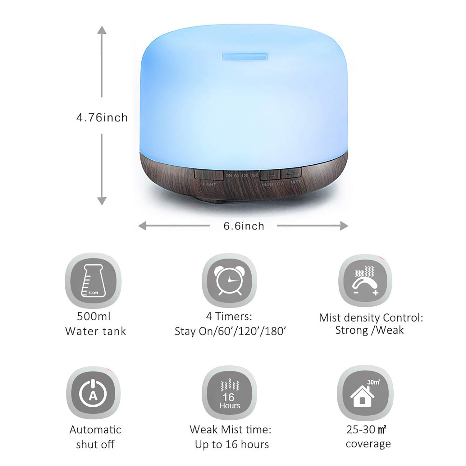 500ml Ultrasonic Diffusers with Remote Control and Adjustable Mist Mode& Waterless Auto-Off