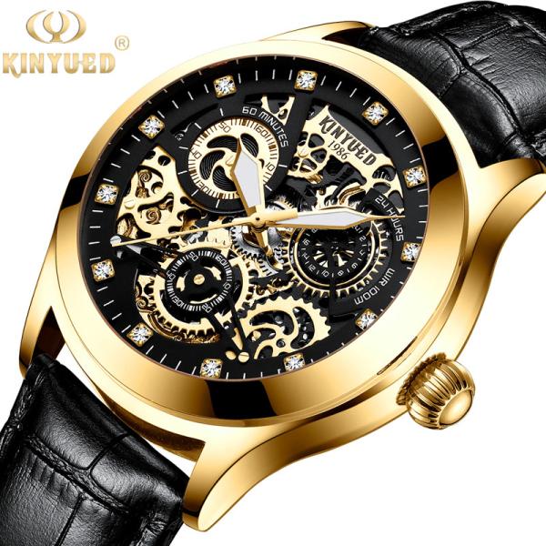 KINYUED oem waterproof custom logo leather fashion tourbillon skeleton wrist
