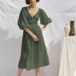Puff Sleeve Casual Long Dress Anti Wrinkle V Collar Asymmetric Plain Dyed