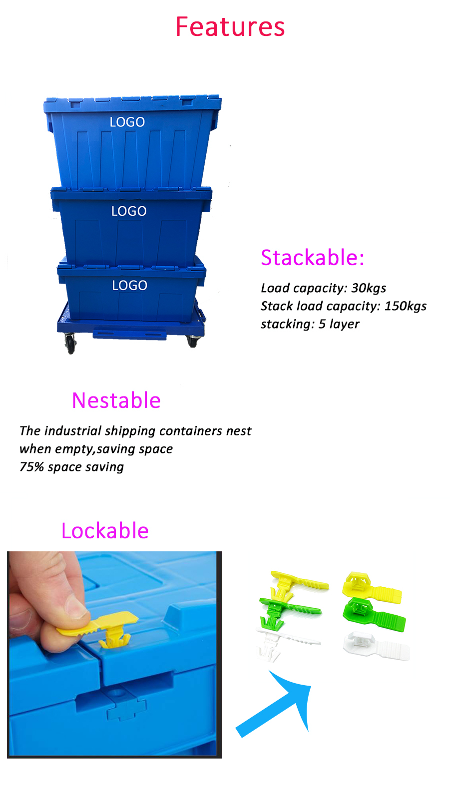 600x400x260mm Heavy Plastic Stackable Turnover Crate with Lid Custom Logo Printing
