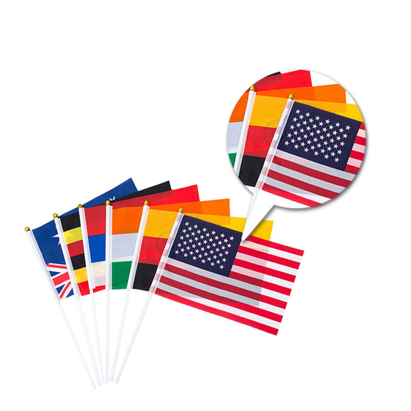 Full Color Small Custom Hand Flags 100D Polyester Fabric AZO Free Digital Printing