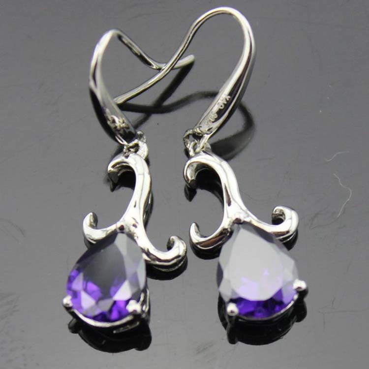 Sterling Silver 7mmx9mm Pear Shape Amethyst Cubic Zircon Dangle Earrings (PSJ03495)