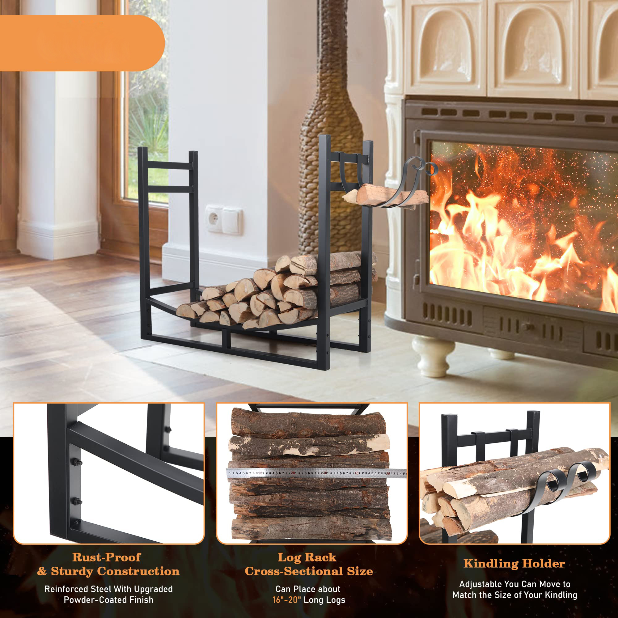 30inch Heavy Duty Firewood Rack Power Coated Steel Log Holder for Fireplace Decoration