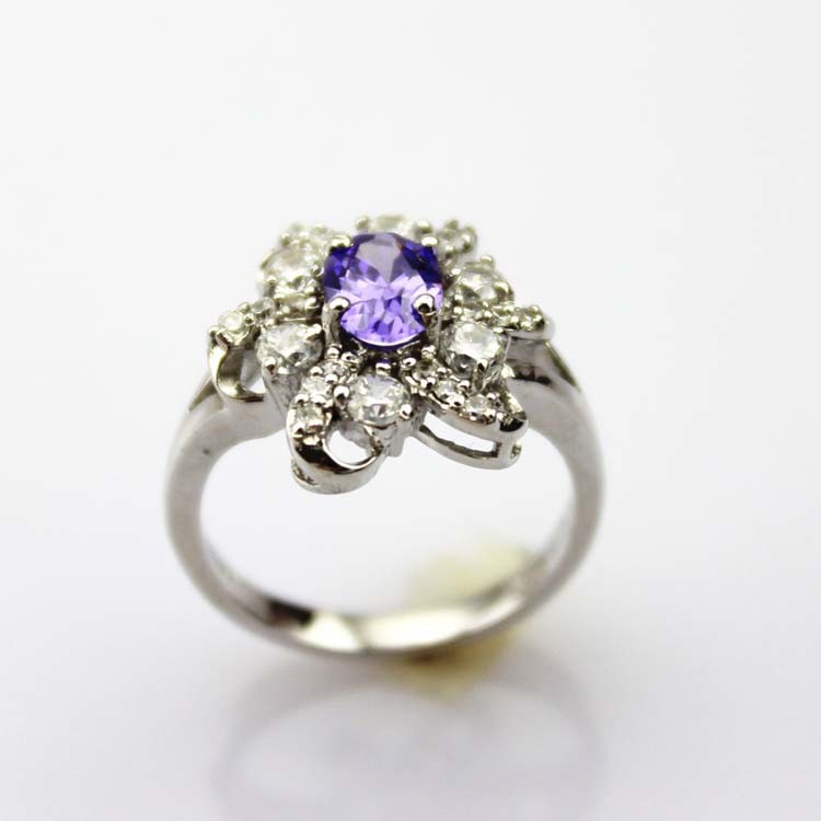 Women Jewelry 5mmx7mm Oval Blue Topaz Clear Cubic Zirconia Silver Ring(F22)