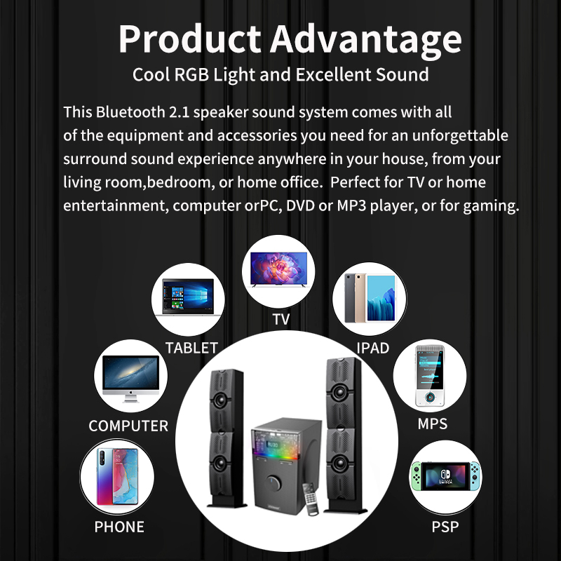 Home Kit Multimedia Computer RGB Speaker 2.1 Subwoofer with ABS Plastic MDF Wooden Box