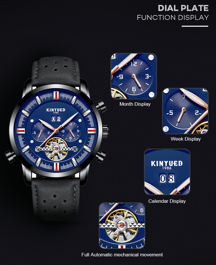 KINYUED J019-5 Tourbillon automatic mechanical genuine leather business waterproof fashion sport men watches