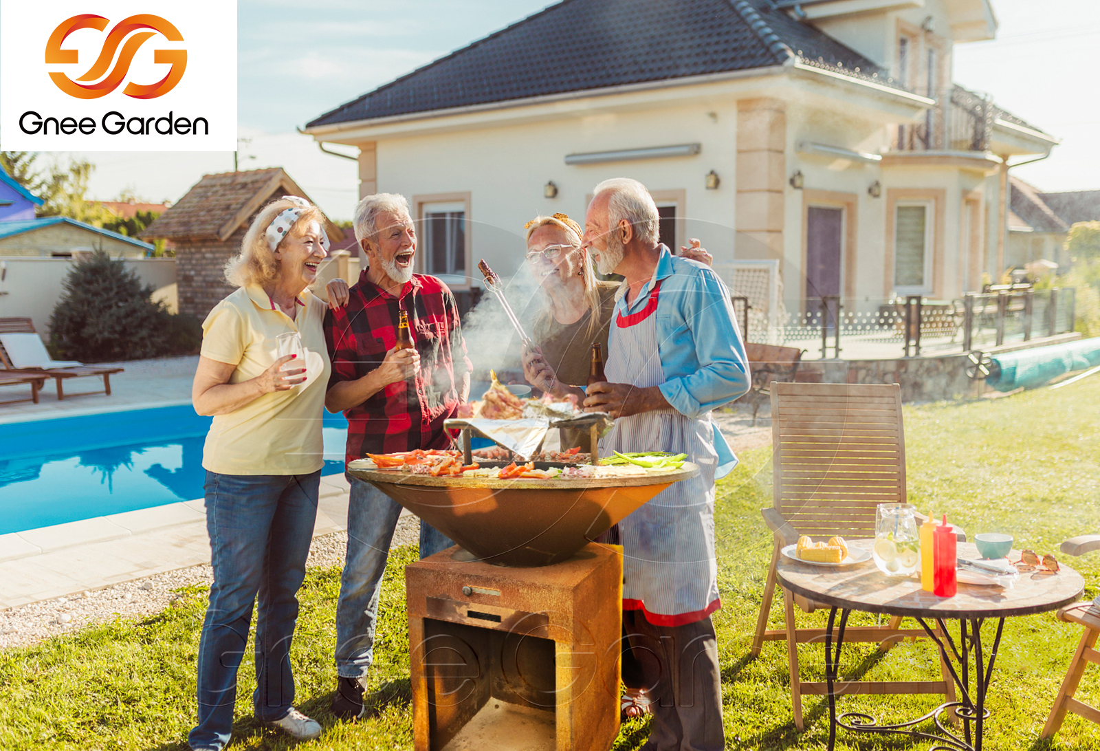 Outdoor Barbeque Grill Charcoal Smoker Rusty Color BBQ Grill With Round 100cm Diameter Cooking Grill Plate
