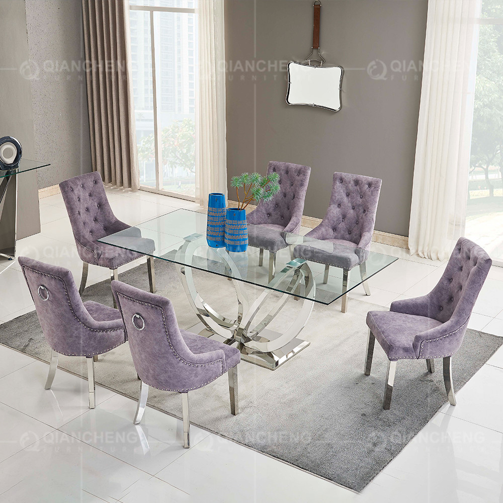 12mm Tempered Glass Dining Room Table And 6 Chairs Stainless Steel frame