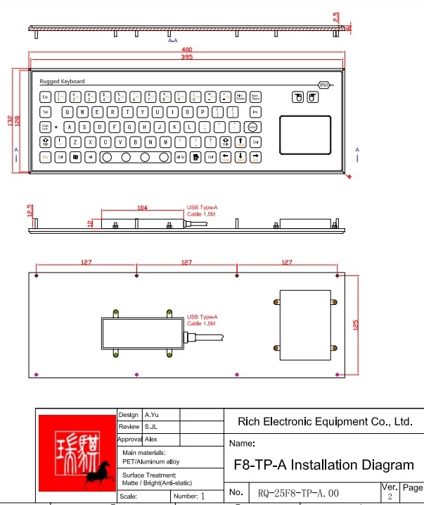 IP67 71 Keys Industrial Membrane Laptop Keyboard integrate TouchPad USB SUPER-SLIM Front Panel Mounted -40℃