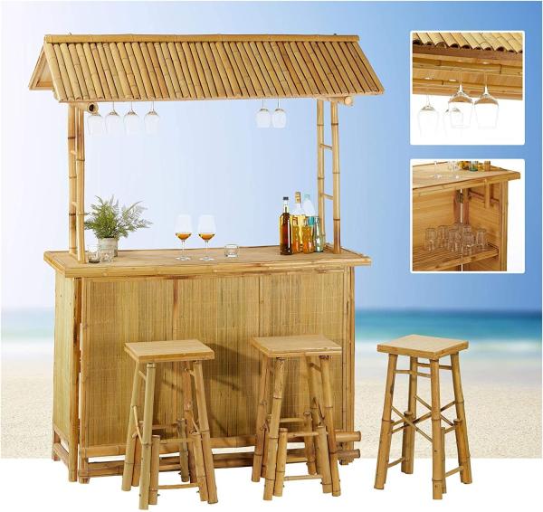 Outdoor Tiki Bar Set Adjustable Feet Outdoor Bar Table with Acacia Wood Top