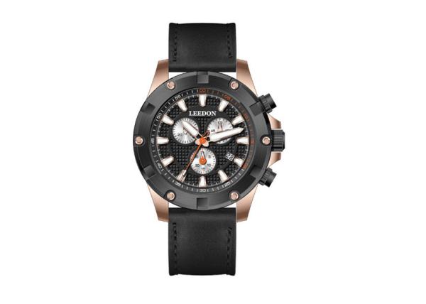 Mens 316L Stainless Steel Chronograph Watch Leather Strap Black & Blue Case
