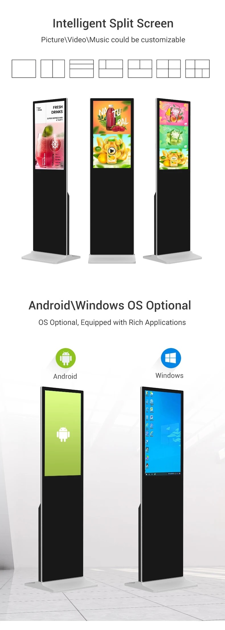350cd/M2 Floor Standing Android Indoor Digital Display Screens 32/43/50/55/65