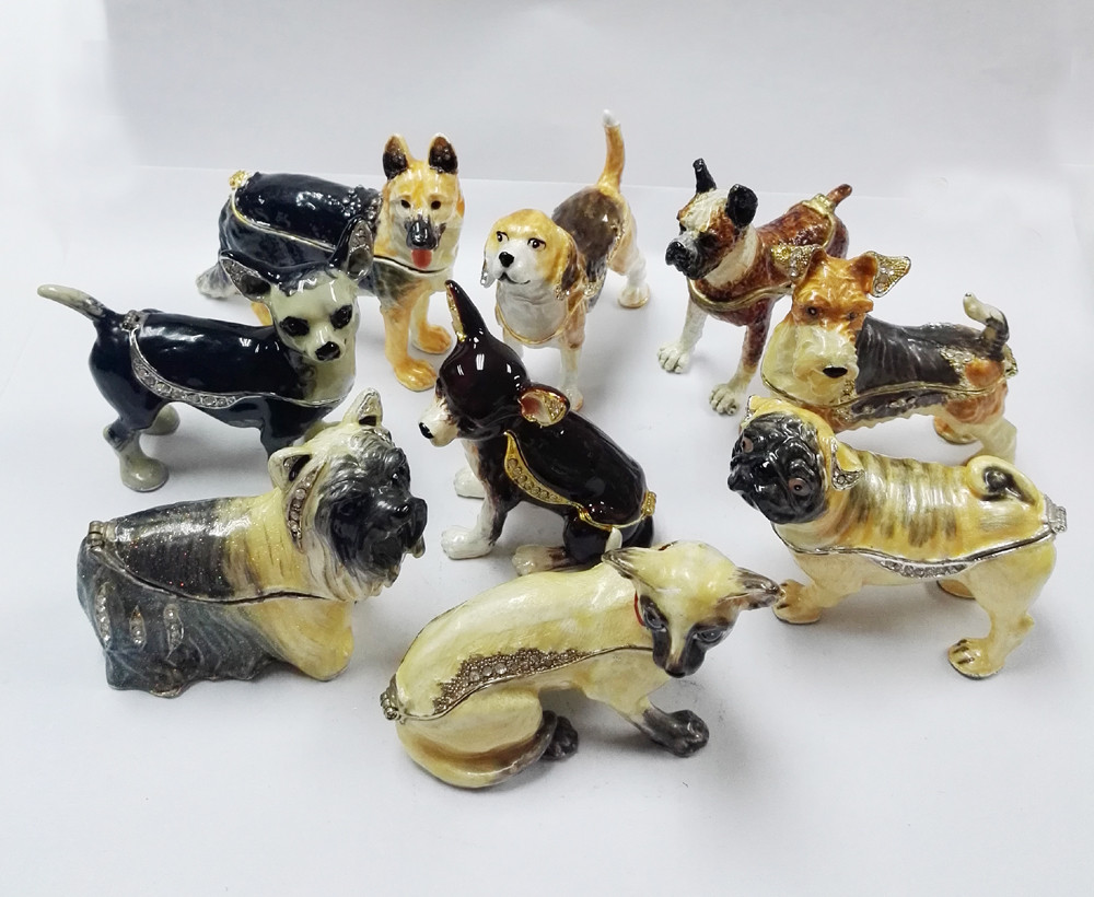Bejeweled Home Decoration Dog metal trinket box Enamel Pewter Alloy Dog design metal trinket box
