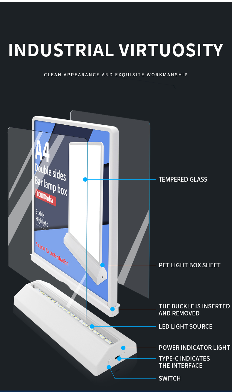 Bar Store Restaurant A4 A5 Rechargeable Led Light Box with Table Stand Menu Display