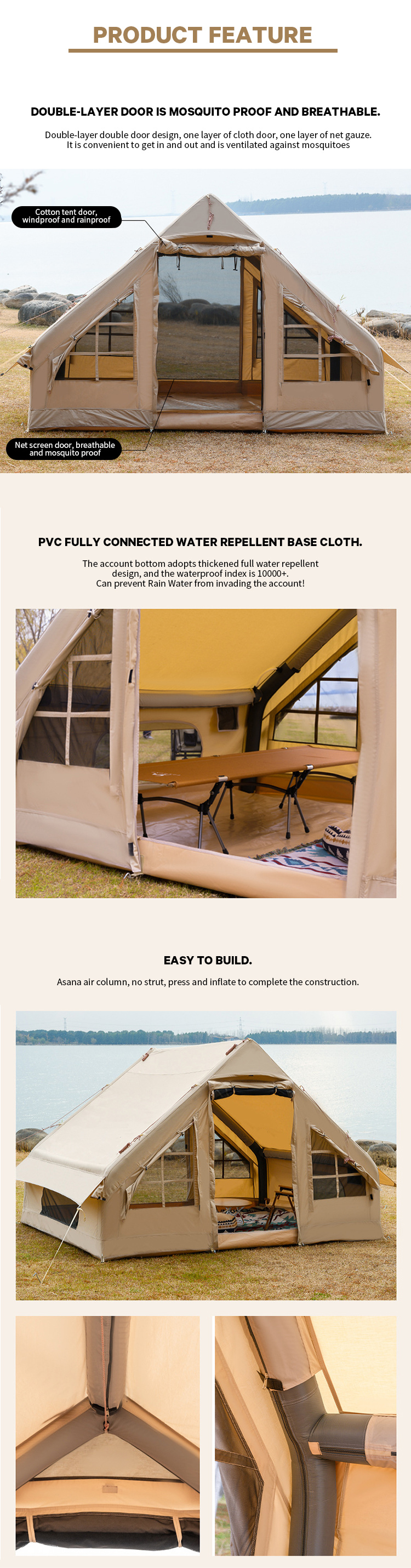 Outdoor Camping Inflatable House Tent Canvas or Oxford Family Part Tents for 3-4 Person