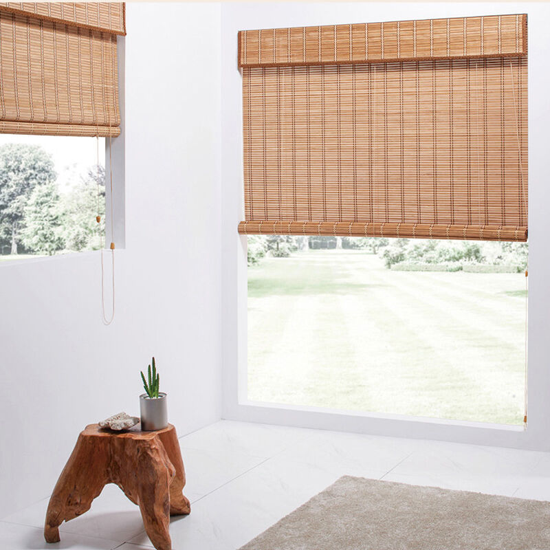 Nature Traditional Style Wooden Roman Blinds Waterproof Bamboo Roll-Up Shades Door Horizontal Pattern Built-in Plain Fabric Home