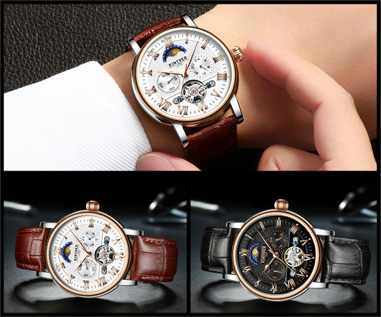 KINYUED Tourbillon automatic mechanical movement genuine leather waterproof wrist watch