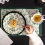 Sustainable Light Green Ceramic Dinnerware Set With Water Proof Flower Placemat