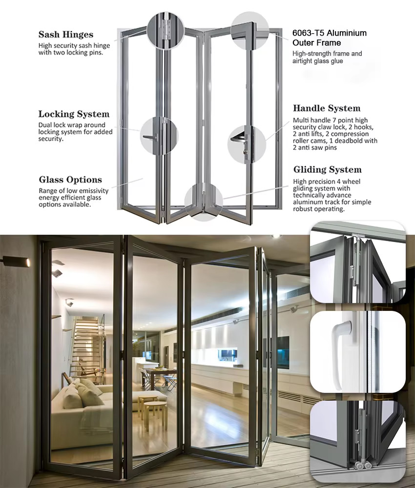 Exterior Aluminum Glass Folding Door Soundproof Air Tight Glass Patio Folding Door