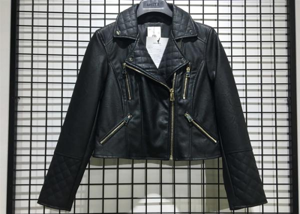 Buy cheap Black Textured Pleather Ladies PU Jacket Asymmertrical Zip Through For Women from wholesalers