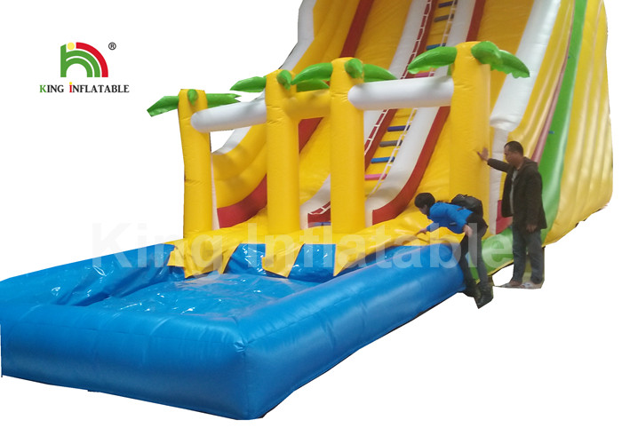 Dual Lane Yellow 32.81ft Backyard Water Slides For Adults With Coconut Tree And Pool